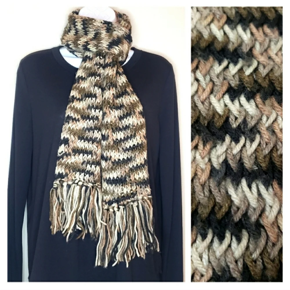 Neutral Earth Colors Handcrafted Crochet Scarf with Fringe Edges